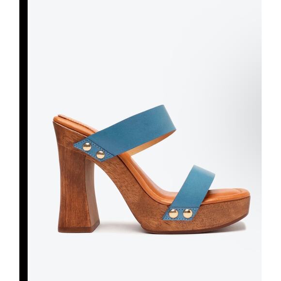 SCHUTZ Shoes - Aryana Wooden Leather Blue Denim Sandal Sz 8.5